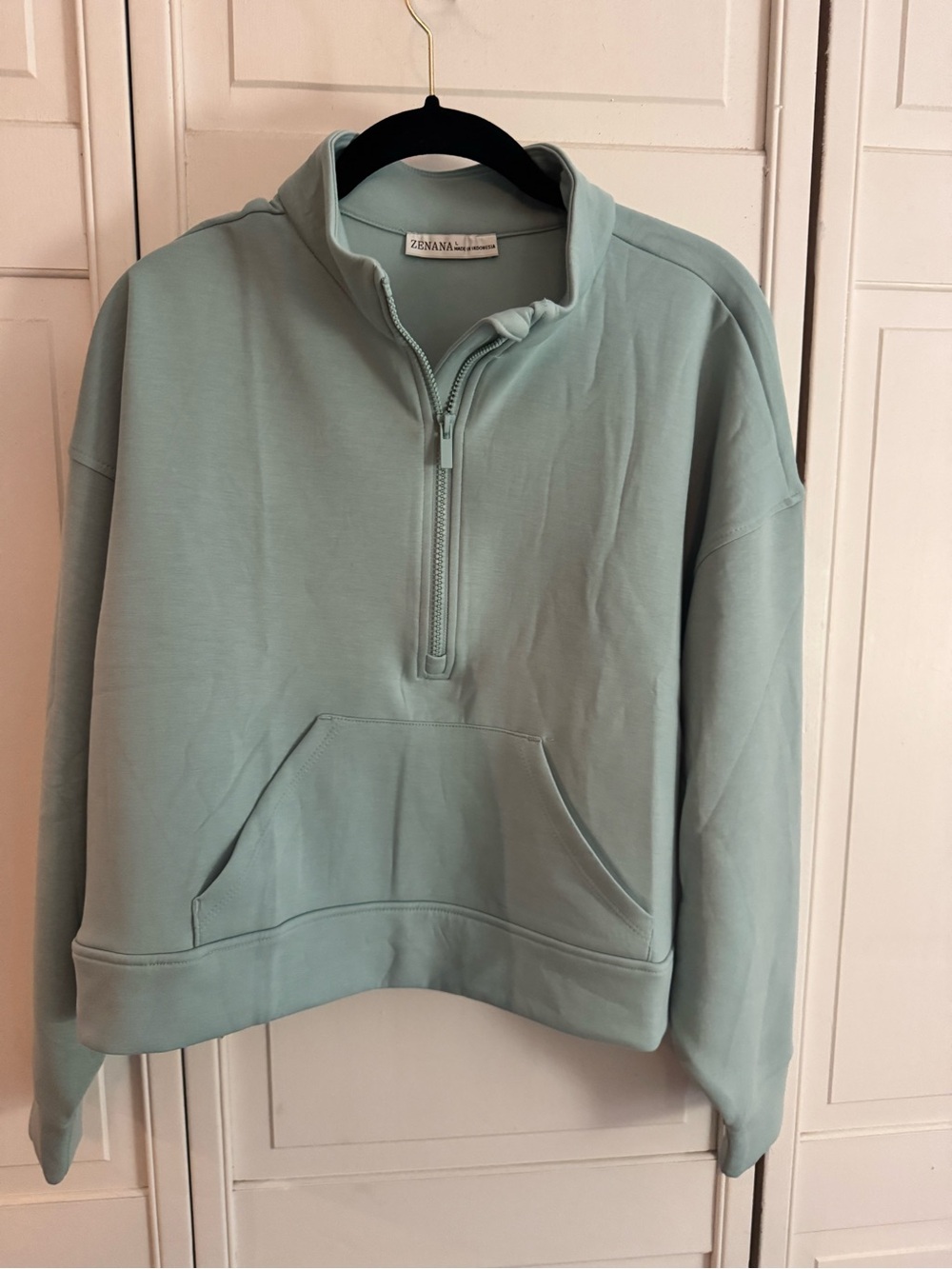 New Zenana Scuba Light Sage Half-Zip Pullover Sweater Size L